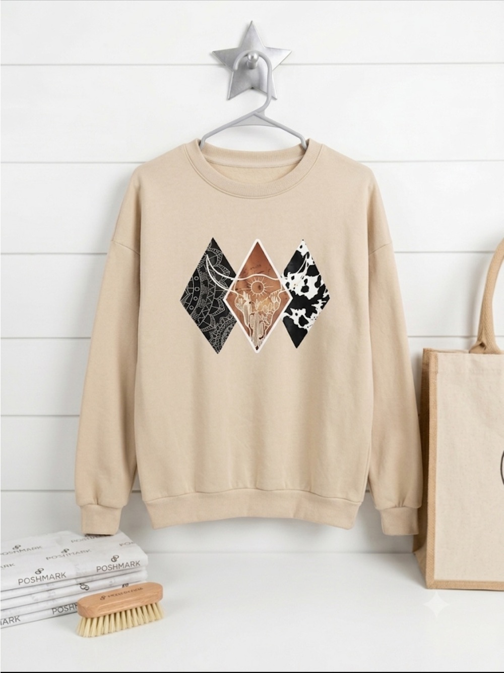 Beige Graphic Crewneck Sweatshirt X-Large